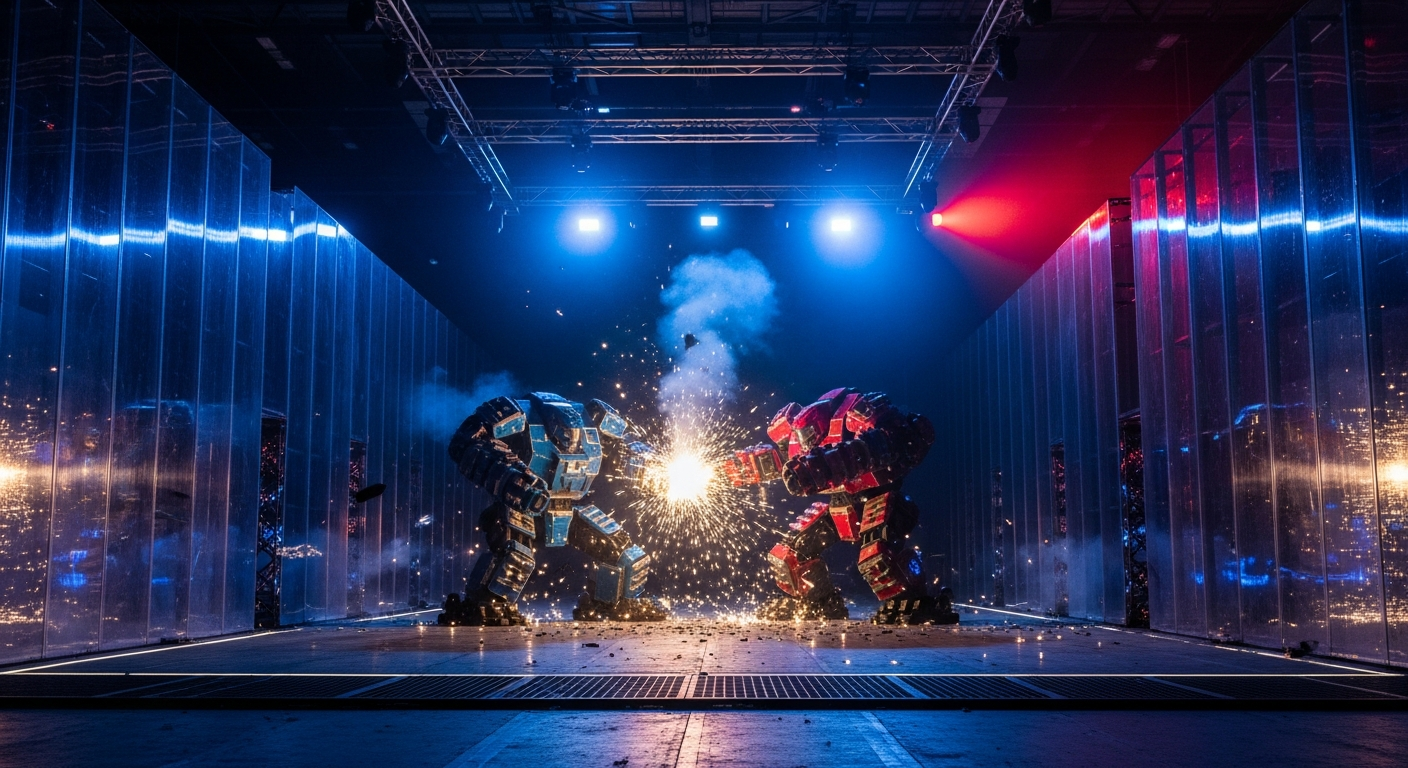 BattleBots heavyweight match in a polycarbonate-shielded arena