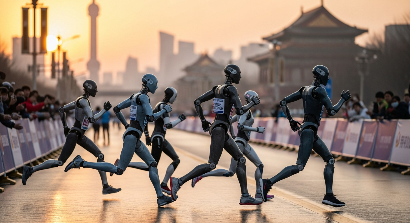 Humanoid robots running a half-marathon course on a Beijing road