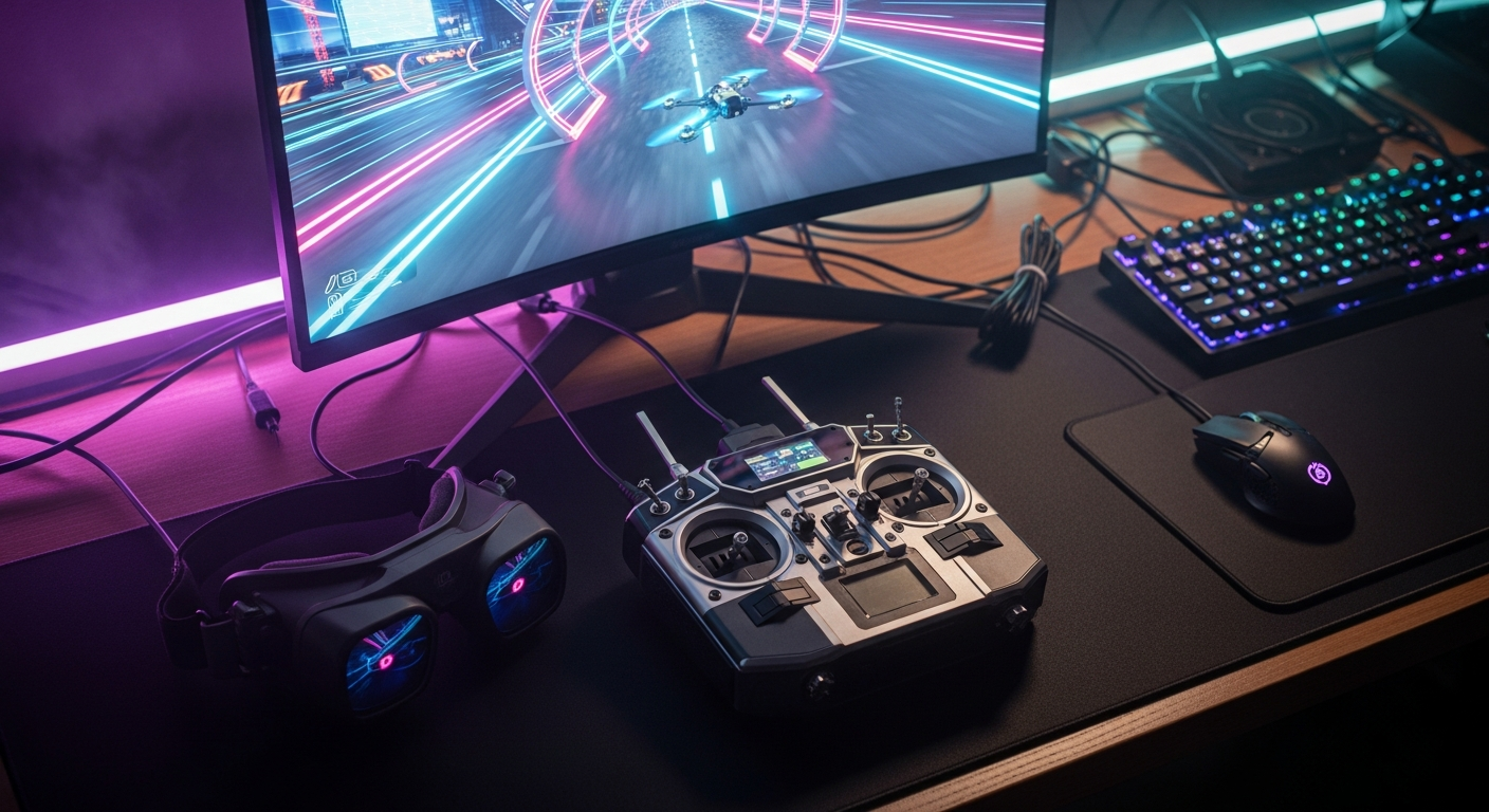 FPV pilot setup with goggles, transmitter, and a racing simulator running on a PC monitor